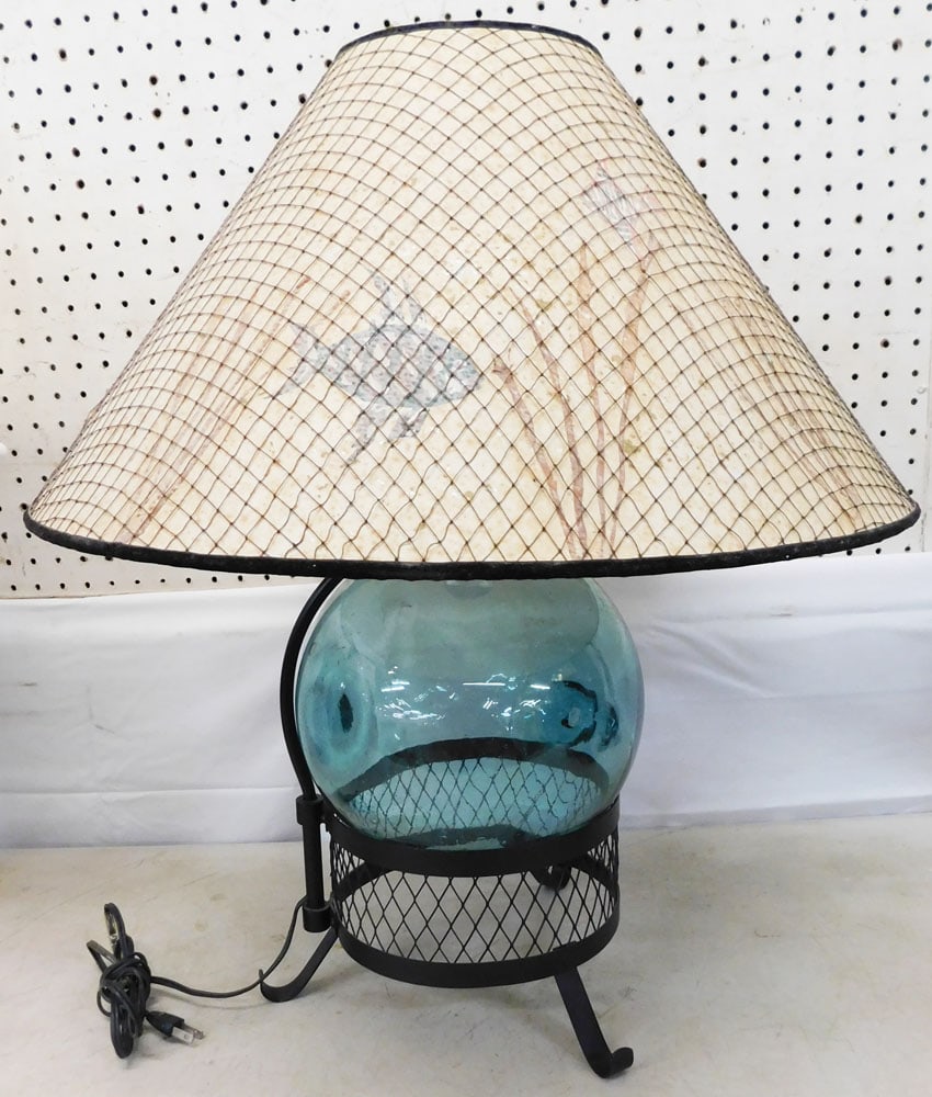 Blown Glass Fishing Float Lamp: Blown Glass Fishing Float Lamp. 25 1/4" H 21" Dia ALL DESCRIPTIONS AND ANY CONDITION STATEMENT GIVEN BY LANGSTON AUCTION GALLERY ARE STRICTLY OPINIONS AND LANGSTON'S SHALL HAVE NO RESPONSIBILITY FOR E