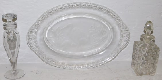 American Fostoria Scent Bottle, Antique Heisey Perfume Bottle, & EAPG Tray with Frosted Stork Motif