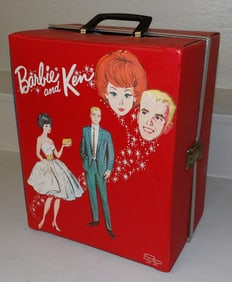Vintage Barbie & Ken Red Vinyl Doll Carrying Case With Dolls & Clothing