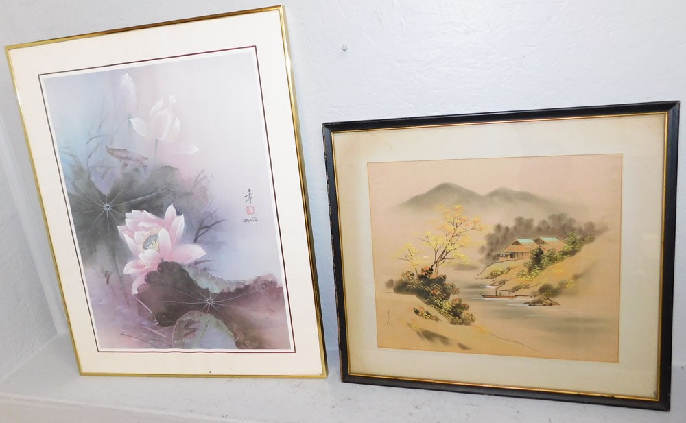 Framed Oriental Watercolor On Silk & Framed Print: Framed Oriental Watercolor On Silk & Framed Print. 28 1/4" X 22 1/4" ALL DESCRIPTIONS AND ANY CONDITION STATEMENT GIVEN BY LANGSTON AUCTION GALLERY ARE STRICTLY OPINIONS AND LANGSTON'S SHALL HAVE NO R