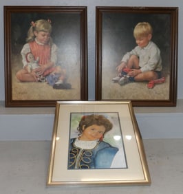 Framed Watercolor Portrait Of Young Girl & Two Framed Prints
