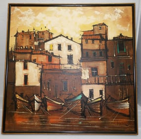 Large Framed Oil On Canvas Village Scene - Artist Signed