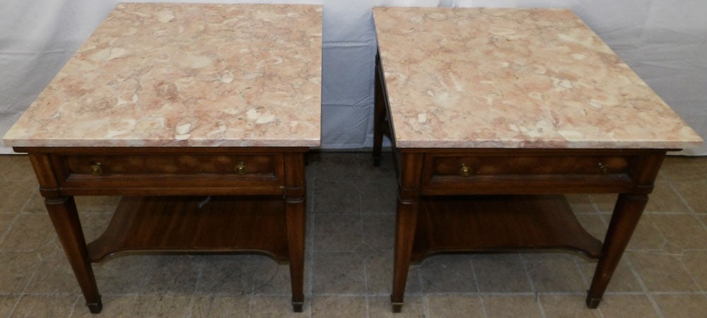 Pair Walnut One Drawer Marble Top End Tables By Gordons: Pair Walnut One Drawer Marble Top End Tables By Gordons. 23" H 24" W 27" D ALL DESCRIPTIONS AND ANY CONDITION STATEMENT GIVEN BY LANGSTON AUCTION GALLERY ARE STRICTLY OPINIONS AND LANGSTON'S SHALL HAV
