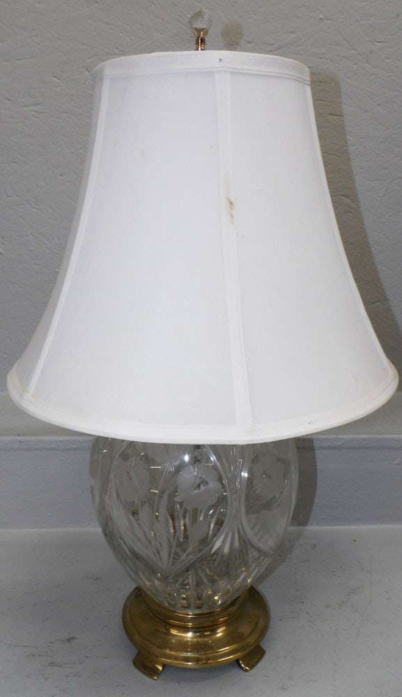 Etched Crystal Vase Made Into Lamp: Etched Crystal Vase Made Into Lamp. 26" H 15 1/2" Dia ALL DESCRIPTIONS AND ANY CONDITION STATEMENT GIVEN BY LANGSTON AUCTION GALLERY ARE STRICTLY OPINIONS AND LANGSTON'S SHALL HAVE NO RESPONSIBILITY F