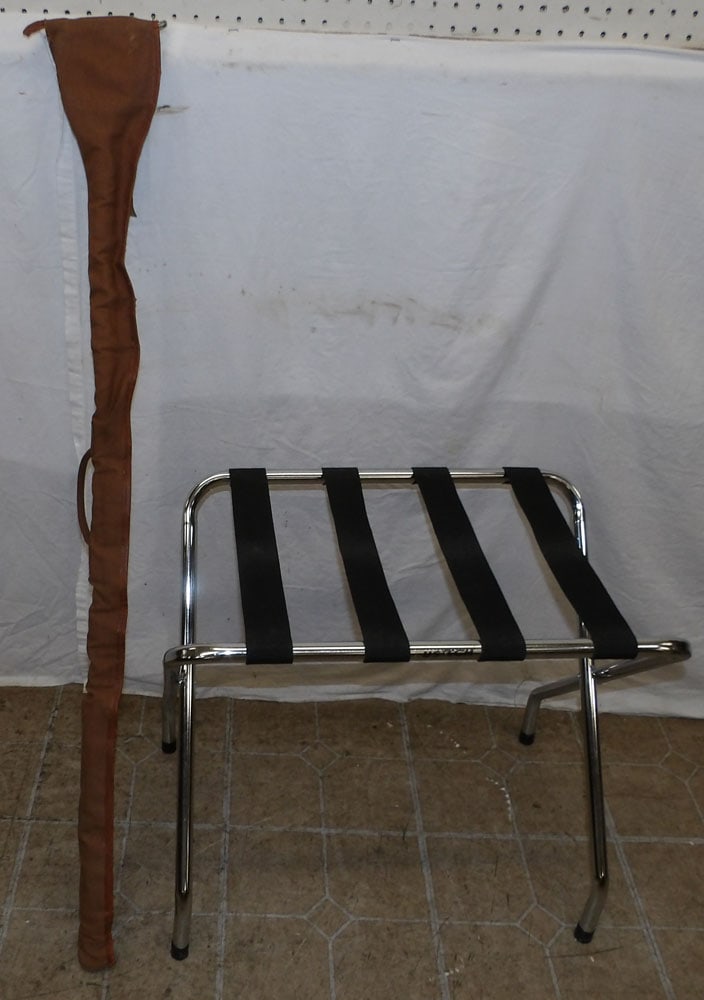 Chrome Luggage Rack & Vintage Boot Jack: Chrome Luggage Rack & Vintage Boot Jack. Up To 47" Long ALL DESCRIPTIONS AND ANY CONDITION STATEMENT GIVEN BY LANGSTON AUCTION GALLERY ARE STRICTLY OPINIONS AND LANGSTON'S SHALL HAVE NO RESPONSIBILITY