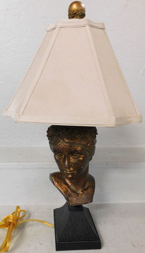 Painted Resin Bust Lamp: Painted Resin Bust Lamp. 22 3/4" H 12" Dia ALL DESCRIPTIONS AND ANY CONDITION STATEMENT GIVEN BY LANGSTON AUCTION GALLERY ARE STRICTLY OPINIONS AND LANGSTON'S SHALL HAVE NO RESPONSIBILITY FOR ERRORS O