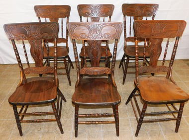 Set Six Antique Oak Pressed Back Dining Chairs