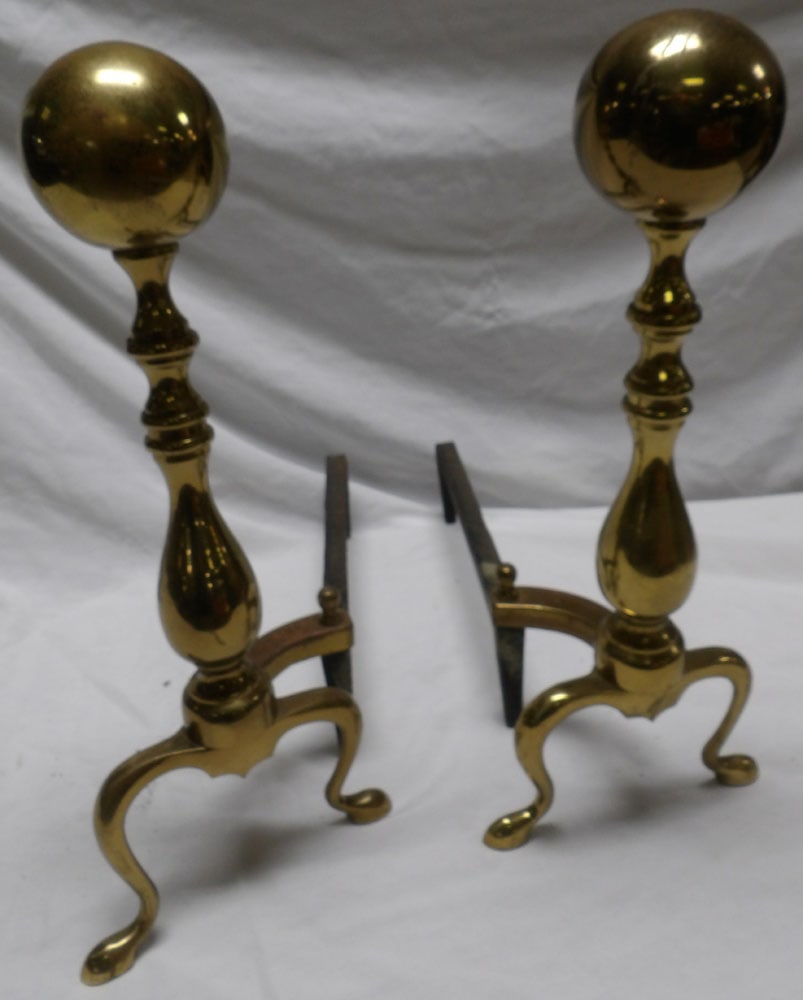 Pair Antique Brass Cannonball Andirons (1 of 3)