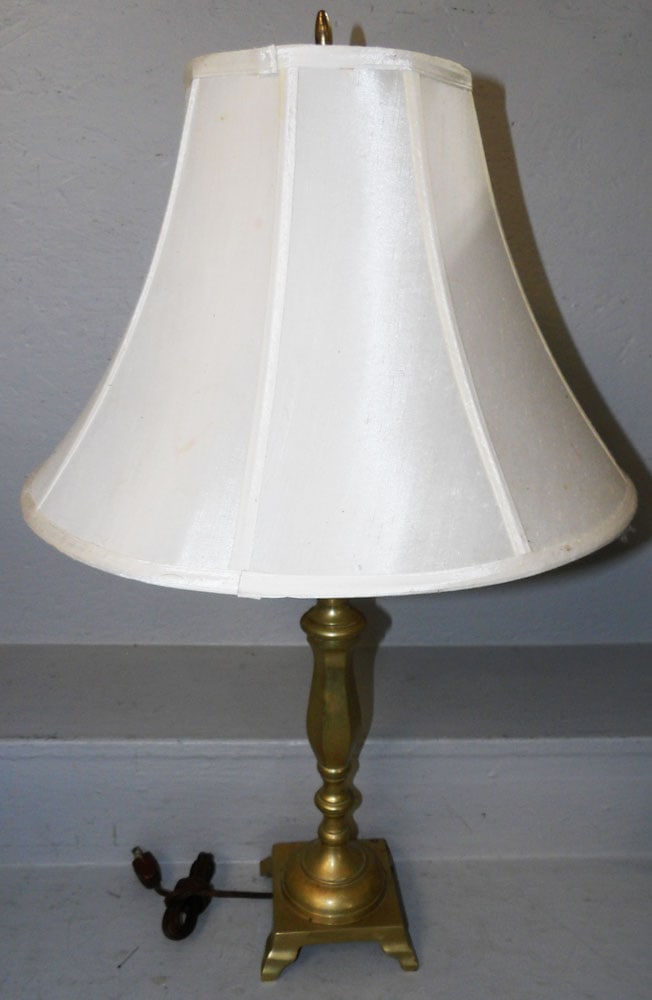 Brass Candlestick Lamp: Brass Candlestick Lamp. 31 1/4" H 18" Dia ALL DESCRIPTIONS AND ANY CONDITION STATEMENT GIVEN BY LANGSTON AUCTION GALLERY ARE STRICTLY OPINIONS AND LANGSTON'S SHALL HAVE NO RESPONSIBILITY FOR ERRORS OR