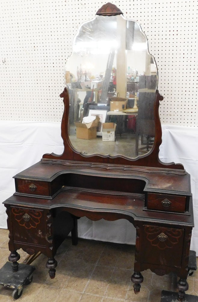 Antique Walnut Vanity: Antique Walnut Vanity. 72" H 48" W 18" D ALL DESCRIPTIONS AND ANY CONDITION STATEMENT GIVEN BY LANGSTON AUCTION GALLERY ARE STRICTLY OPINIONS AND LANGSTON'S SHALL HAVE NO RESPONSIBILITY FOR ERRORS OR