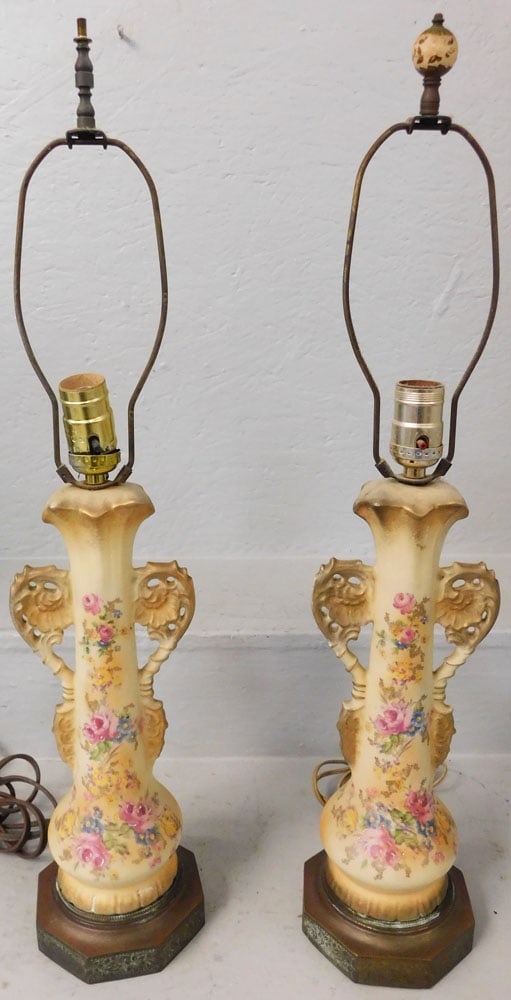 Pair Hand Painted Porcelain Lamps: Pair Hand Painted Porcelain Lamps. 26" H 5 1/2" Dia ALL DESCRIPTIONS AND ANY CONDITION STATEMENT GIVEN BY LANGSTON AUCTION GALLERY ARE STRICTLY OPINIONS AND LANGSTON'S SHALL HAVE NO RESPONSIBILITY FOR