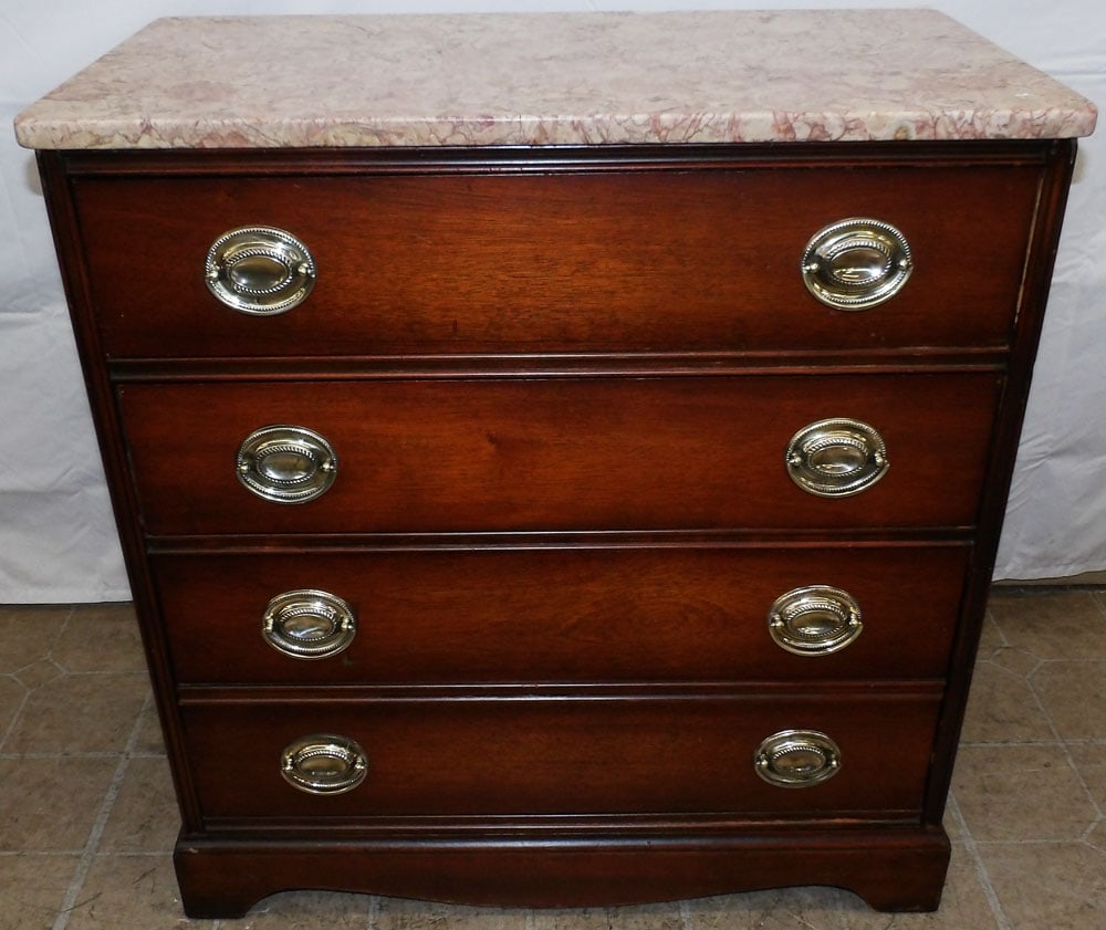 Mahogany Marble Top Three Drawer Chest: Mahogany Marble Top Three Drawer Chest . 30" H 29" W 16 1/4" D ALL DESCRIPTIONS AND ANY CONDITION STATEMENT GIVEN BY LANGSTON AUCTION GALLERY ARE STRICTLY OPINIONS AND LANGSTON'S SHALL HAVE NO RESPONS