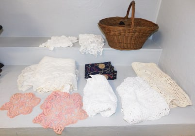 Lot Crotched Doilies - Silk Scarf- Two Baskets