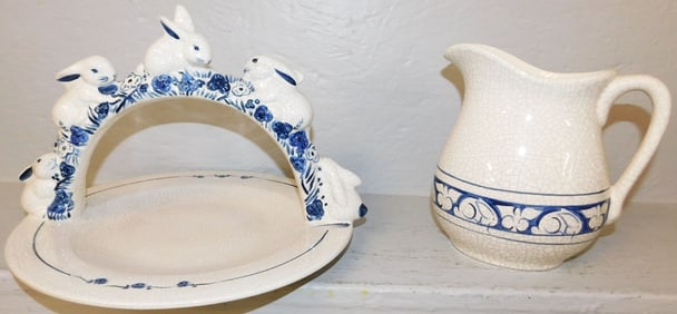 Crackle Ware Pitcher & Bunny Handle Tray