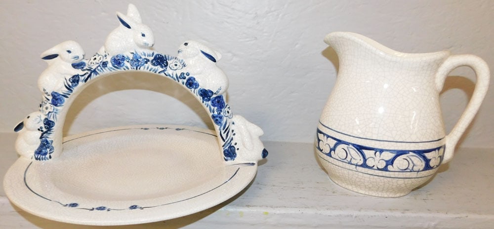 Crackle Ware Pitcher & Bunny Handle Tray: Crackle Ware Pitcher & Bunny Handle Tray. 8 1/2" H 12" Dia ALL DESCRIPTIONS AND ANY CONDITION STATEMENT GIVEN BY LANGSTON AUCTION GALLERY ARE STRICTLY OPINIONS AND LANGSTON'S SHALL HAVE NO RESPONSIBIL