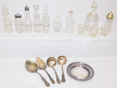 Lot of Antique Cruet Bottles, Perfume Bottles, Etched Decanters, & Silver Plated Flatware