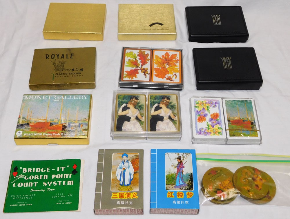 Lot of Collectible & Vintage Playing Cards (Some Chinese & Monet, Some New): Lot of Collectible & Vintage Playing Cards (Some Chinese & Monet, Some New). 5" X 4" ALL DESCRIPTIONS AND ANY CONDITION STATEMENT GIVEN BY LANGSTON AUCTION GALLERY ARE STRICTLY OPINIONS AND LANGSTON'S