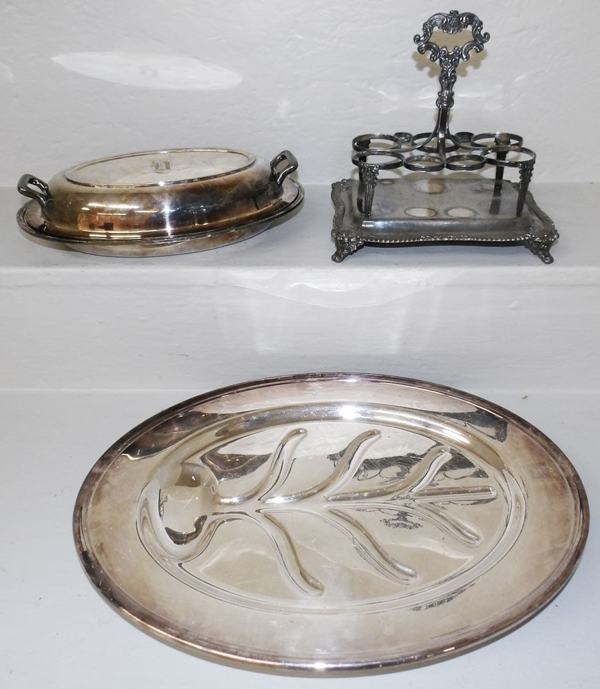 Antique Silver Plated Cruet Holder, Poole Covered Dish, & Gorham Well & Tree Platter (1 of 9)