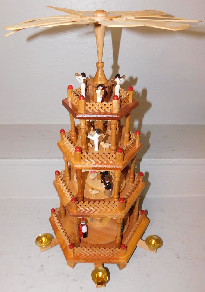 Christmas Pyramid With Original Box: Christmas Pyramid With Original Box. 22" H 12" Dia ALL DESCRIPTIONS AND ANY CONDITION STATEMENT GIVEN BY LANGSTON AUCTION GALLERY ARE STRICTLY OPINIONS AND LANGSTON'S SHALL HAVE NO RESPONSIBILITY FOR 