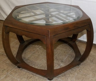 Oriental Hexagon Walnut Glass Top Table
