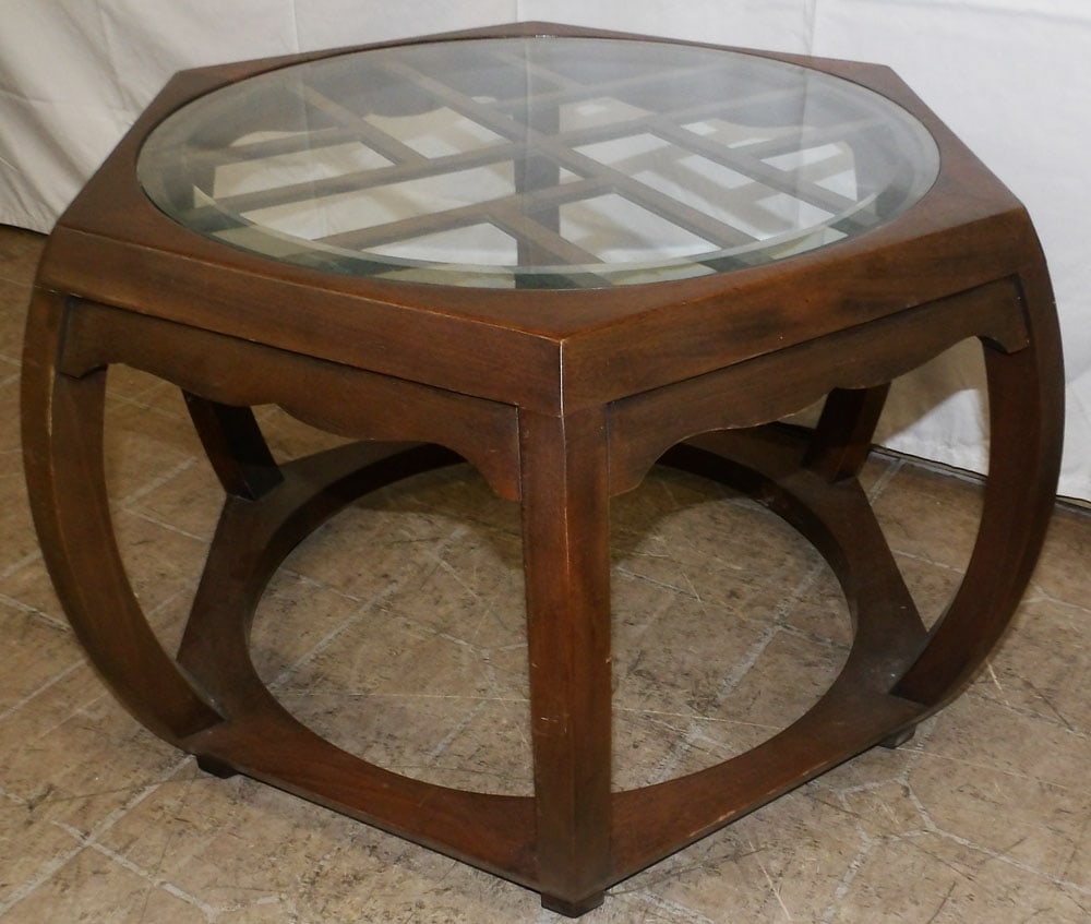 Oriental Hexagon Walnut Glass Top Table: Oriental Hexagon Walnut Glass Top Table. 16 1/4" H 27 1/2" Dia ALL DESCRIPTIONS AND ANY CONDITION STATEMENT GIVEN BY LANGSTON AUCTION GALLERY ARE STRICTLY OPINIONS AND LANGSTON'S SHALL HAVE NO RESPONS
