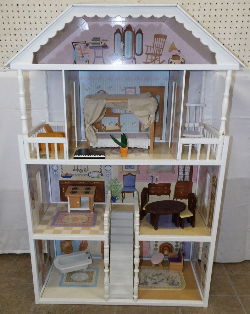 Doll House With Contents: Doll House With Contents. 51 1/4" H 34 1/2" W 13 3/4" D ALL DESCRIPTIONS AND ANY CONDITION STATEMENT GIVEN BY LANGSTON AUCTION GALLERY ARE STRICTLY OPINIONS AND LANGSTON'S SHALL HAVE NO RESPONSIBILITY