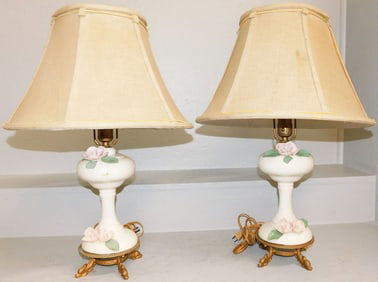 Pair Painted Porcelain Lamps With Gilded Metal Dolphin Bases - One Repaired