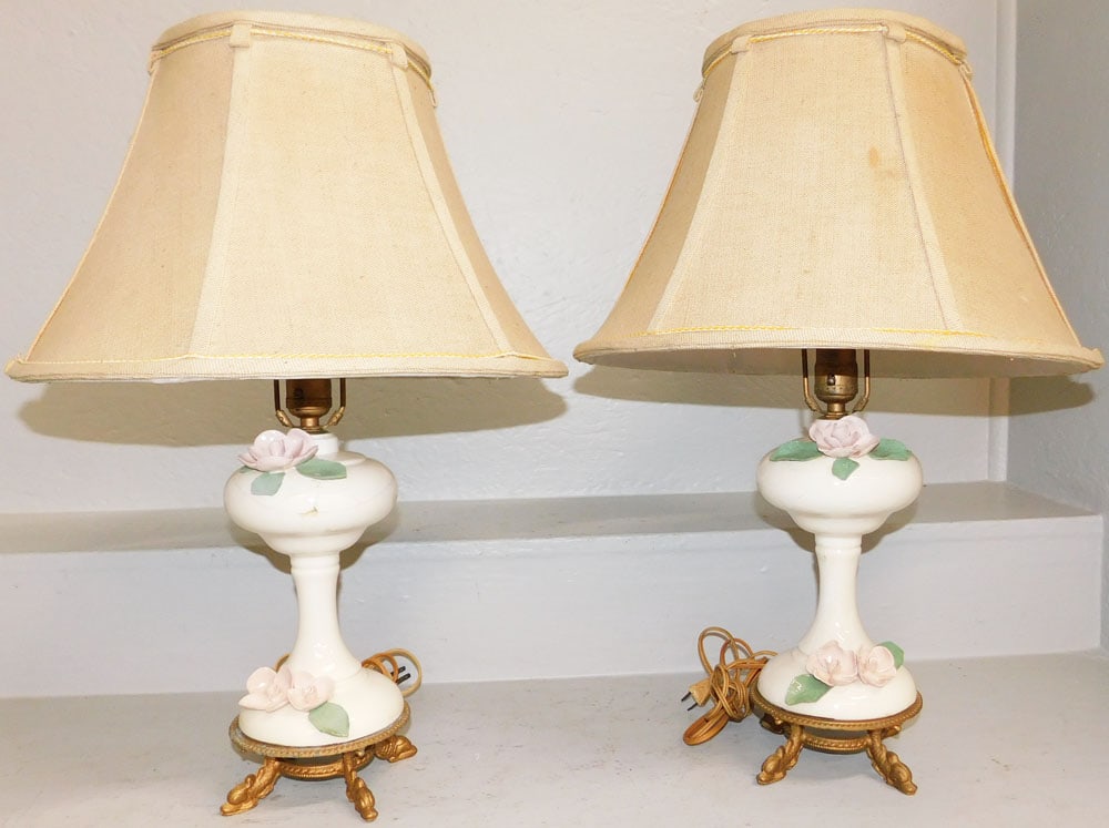 Pair Painted Porcelain Lamps With Gilded Metal Dolphin Bases - One Repaired (1 of 4)