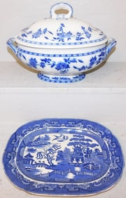 Antique Blue & White Porcelain Covered Tureen & Blue Willow Platter - Both Have Hairlines