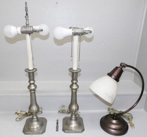Pair Pewter Candlestick Lamps & Desk Lamp
