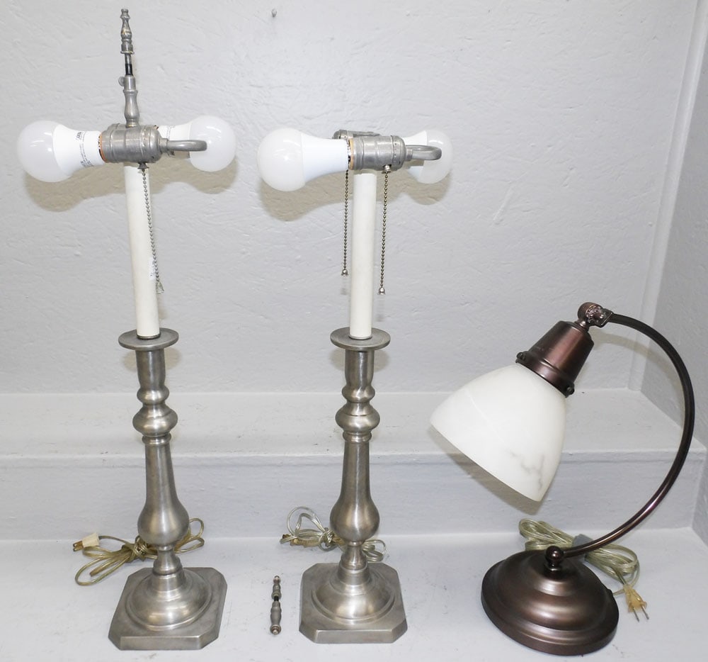Pair Pewter Candlestick Lamps & Desk Lamp (1 of 7)