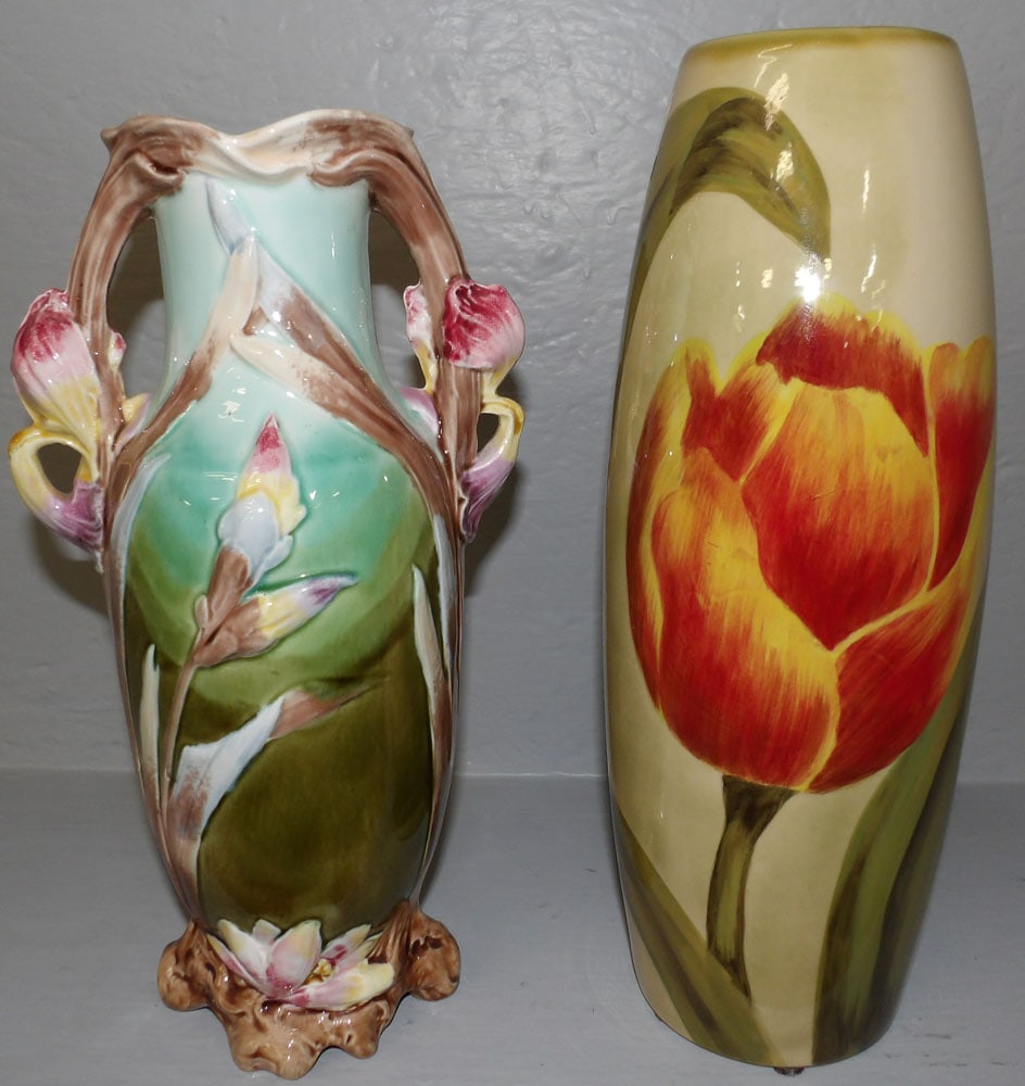 Painted Porcelain Vase & Majolica Vase: Painted Porcelain Vase & Majolica Vase. 12 1/2" H 4 1/2" Dia ALL DESCRIPTIONS AND ANY CONDITION STATEMENT GIVEN BY LANGSTON AUCTION GALLERY ARE STRICTLY OPINIONS AND LANGSTON'S SHALL HAVE NO RESPONSIB