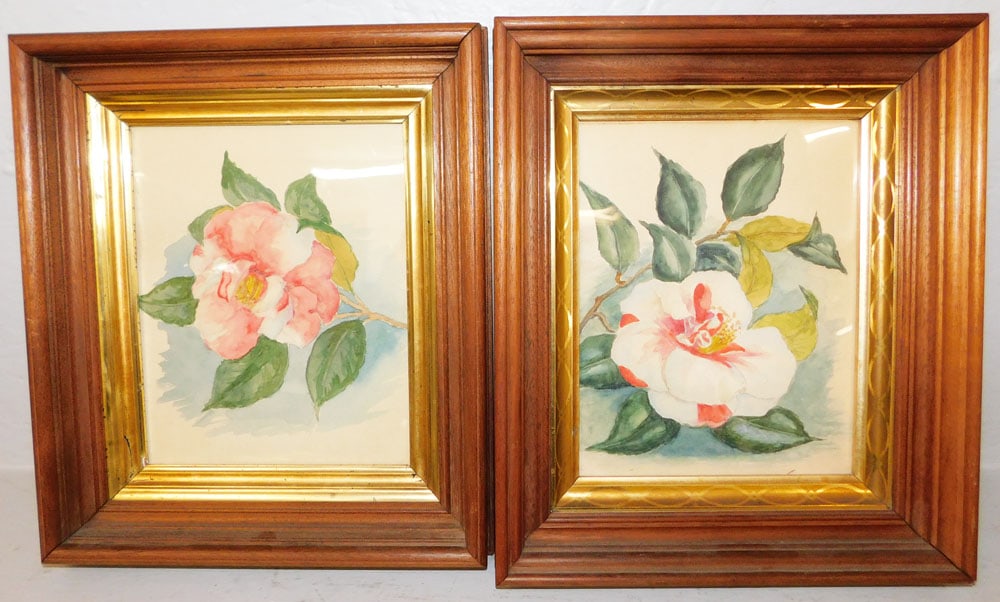 Two Antique Walnut Shadow Box Framed Watercolors (1 of 5)