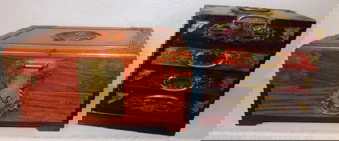 Two Oriental Teak Wood & Brass Bound Jewelry Boxes