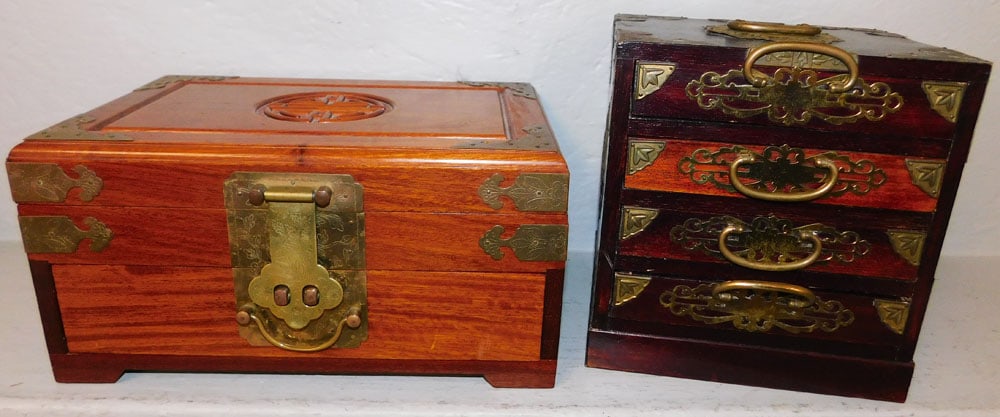 Two Oriental Teak Wood & Brass Bound Jewelry Boxes (1 of 3)