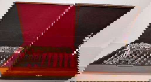 Pine Flatware Box With International Silver Plate Flatware & Cherry Flatware Box