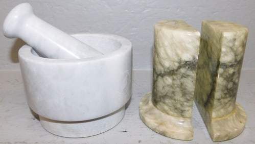 Pair Marble Bookends & Mortar and Pestle