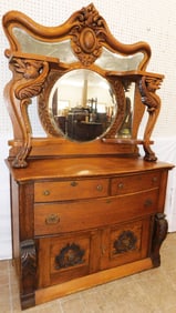 Antique Two Part Oak Side Board - Missing Glass Panel & Foot