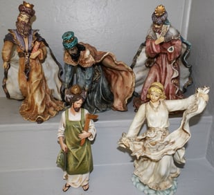 Lot Five Painted Porcelain & Resin Nativity Figurines