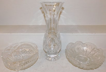 Crystal Vase & Two Pressed Glass Bowls