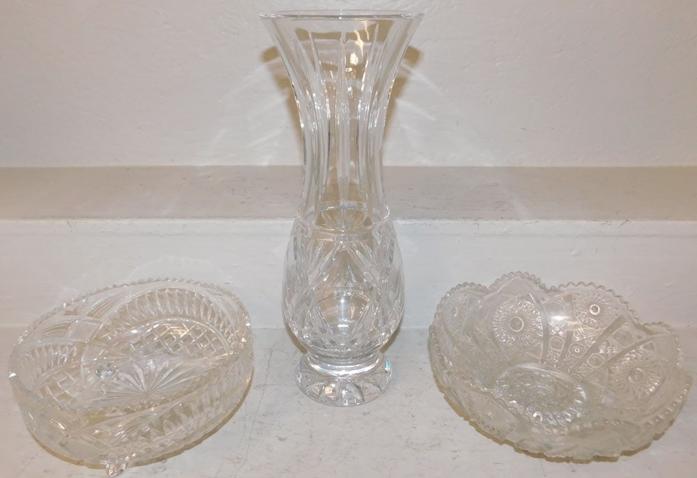 Crystal Vase & Two Pressed Glass Bowls (1 of 4)