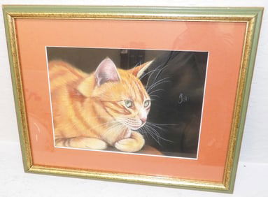 Framed Pastel of an Orange Tabby Cat, Artist signed