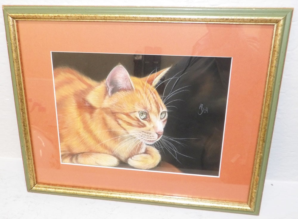 Framed Pastel of an Orange Tabby Cat, Artist signed (1 of 3)