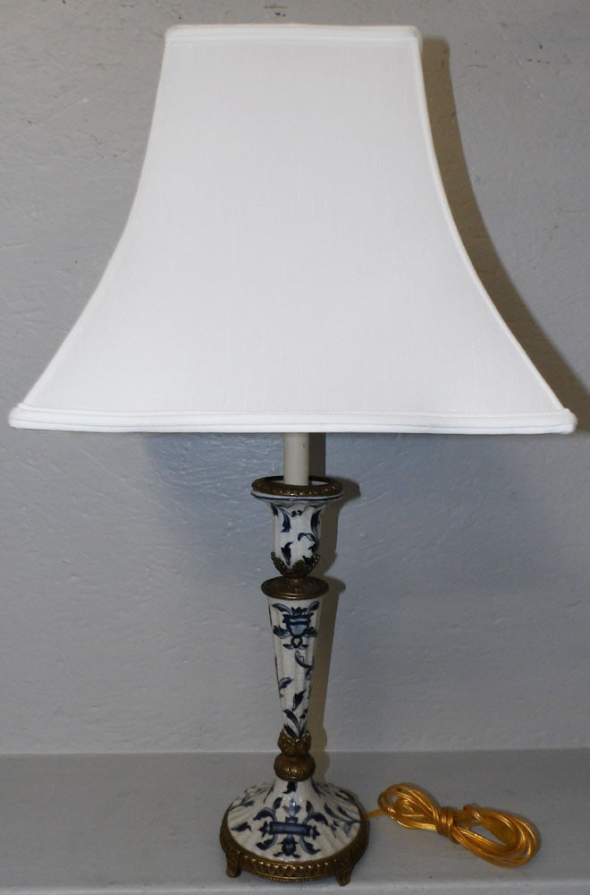 Painted Crackle Ware Porcelain & Bronze Candlestick Lamp (1 of 4)