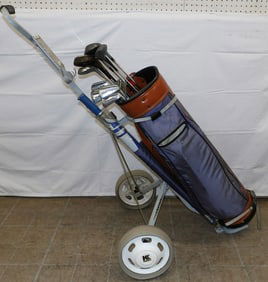 Arnold Palmer Golf Bag With Antique Wilson Golf Clubs On A Lite Tech Golf Pull Cart