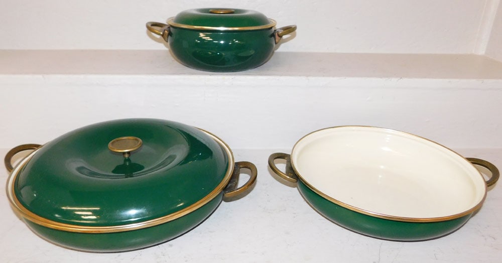 Three Enameled Cook Ware With Brass Handles By Copco: Three Enameled Cook Ware With Brass Handles By Copco. 3 1/2" X 15" ALL DESCRIPTIONS AND ANY CONDITION STATEMENT GIVEN BY LANGSTON AUCTION GALLERY ARE STRICTLY OPINIONS AND LANGSTON'S SHALL HAVE NO RES
