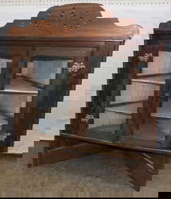 Antique Oak & Glass Door Hanging Corner Cabinet