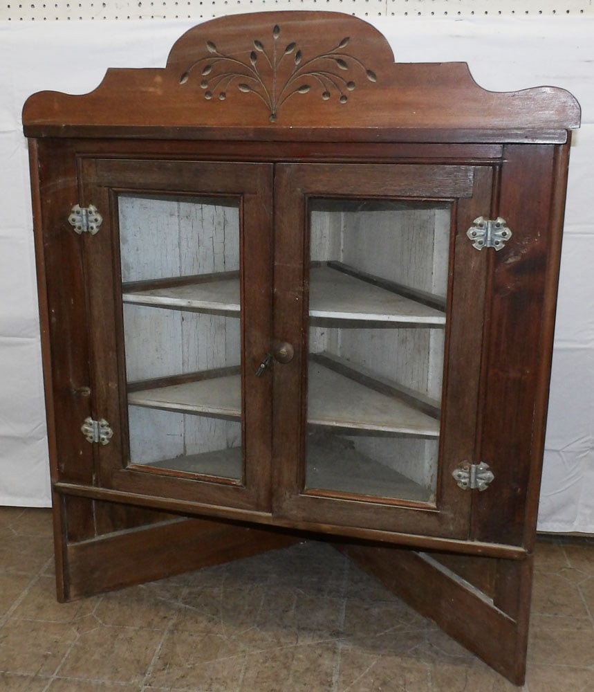 Antique Oak & Glass Door Hanging Corner Cabinet (1 of 3)