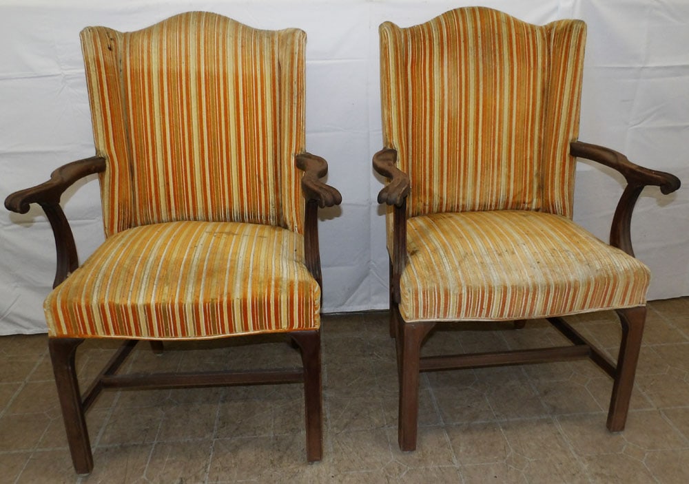 Pair Mahogany Upholstered Arm Chairs: Pair Mahogany Upholstered Arm Chairs. 40 1/2" H 27 1/2" W 22" D ALL DESCRIPTIONS AND ANY CONDITION STATEMENT GIVEN BY LANGSTON AUCTION GALLERY ARE STRICTLY OPINIONS AND LANGSTON'S SHALL HAVE NO RESPON