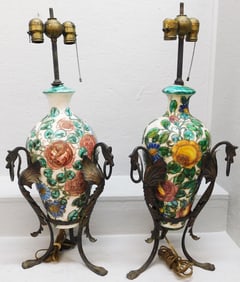 Pair Painted Pottery & Wrought Iron Lamps - Both As Is